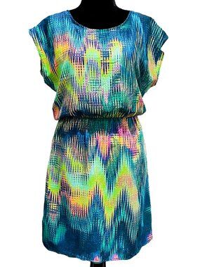 Cap Sleeve Tunic Dress Size M Blue Green Abstract Print Hayley Matthews